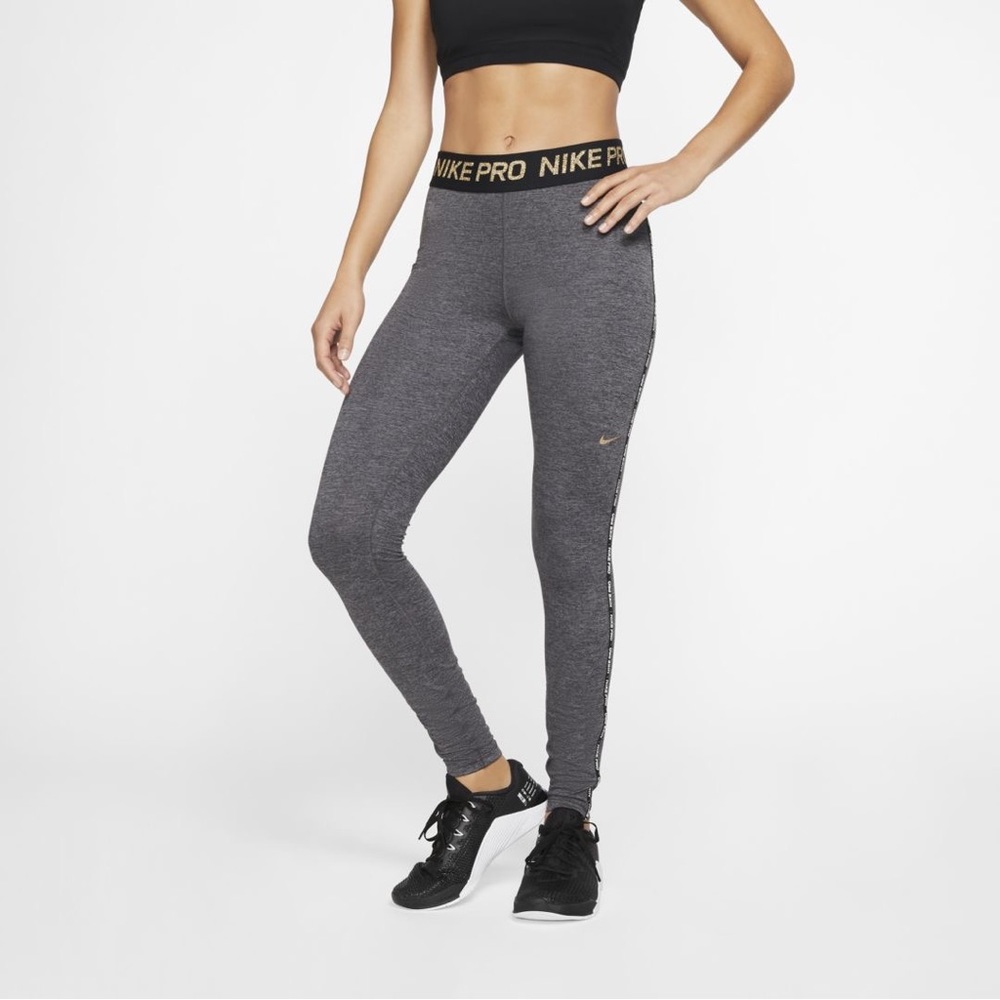 NikePro Gray Leggings with metallic gold and black trim SMALL